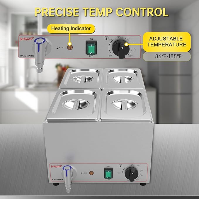 Valgus Commercial Stainless Steel 4 Sections Bain Marie Food Warmer 16 Qt Buffet Server with Lid and Tap for Home, Catering, Restaurants