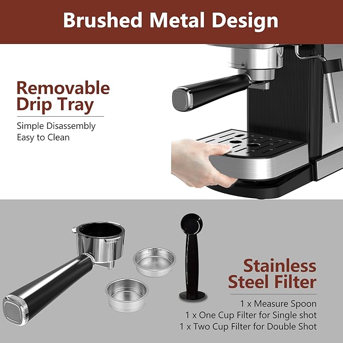 VEGETA Espresso Machine with Milk Frother, Small Coffee Maker 20 Bar with 40oz Removable Water Tank, Stainless Steel Coffee Machine for Cappuccino & Latte, Silver