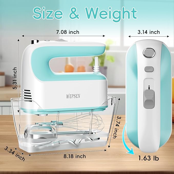 Hand Mixer Electric Handheld, 5-Speed Handheld Mixer, 380W Electric Mixer with Stainless Steel Whisk Beater Attachments, Snap-On Storage Case, Measuring Cups, Kitchen Cake Mixers for Baking Supplies