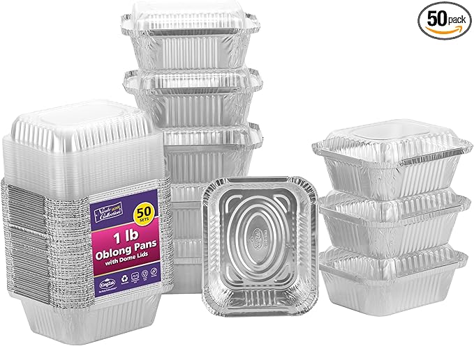 Aluminum Pans With Plastic Dome Lids - 50 Count - 1LB Oblong Pans (5"x4")- To Go Containers With Lids - Disposable Tin Foil Pans - Perfect For Catering, Meal Prep, Baking, Freezer Safe