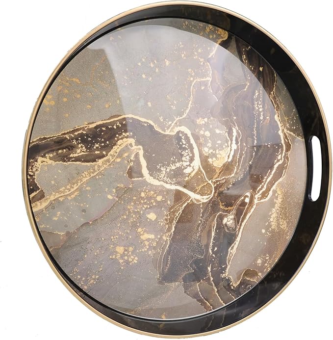 Round Black Marbling Decorative Tray with Handles, 13" Morden Plastic Serving Tray for Coffee Table Bathroom, Ottoman, Home Decor