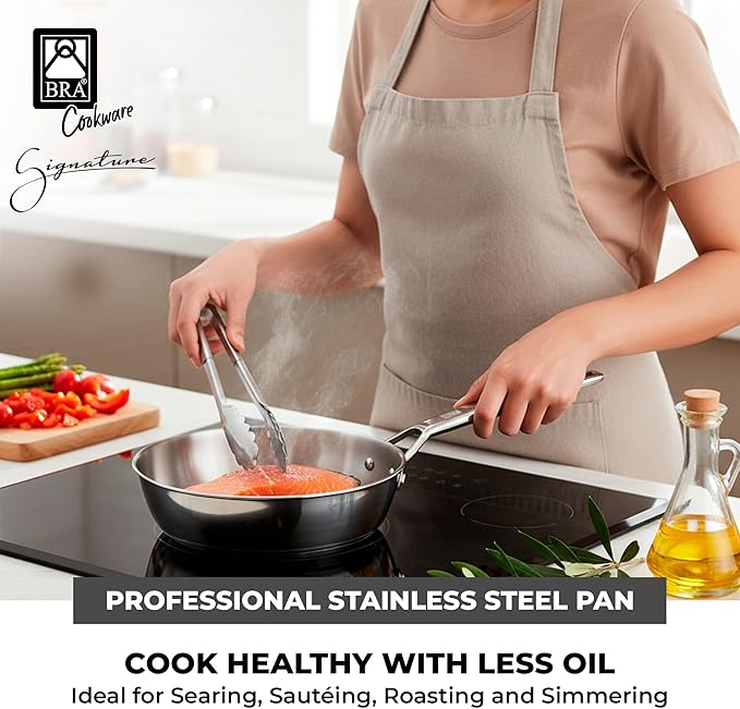 BRA COOKWARE Signature Deep Frying Pan | 9.5 inches Professional High Skillet | Stainless Steel Deep Frying Pan | All Stovetop Compatible | PFOA Free | w/o Non-Stick Coating | Polished Finish