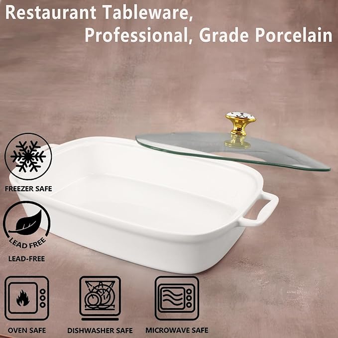 11" x 8" Ceramic Rectangular Casserole Dish with Glass Lid, 1.6 Quart White Serving Soup Tureen,Chafing Dish for Buffet, Family Food preserve Tray, Catering Casserole for Party Style