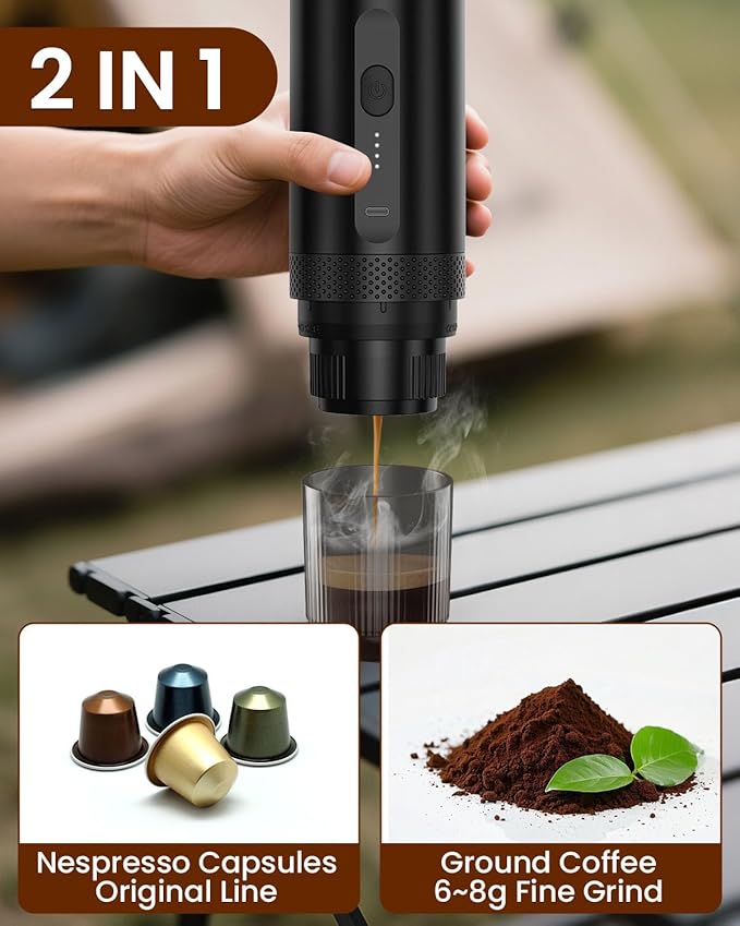 Portable Espresso Maker, Electric Espresso Machine for Travel, Camping, Rechargeable USB-C Mini Coffee Maker for NS Capsule Pods and Ground Coffee, Matte Black