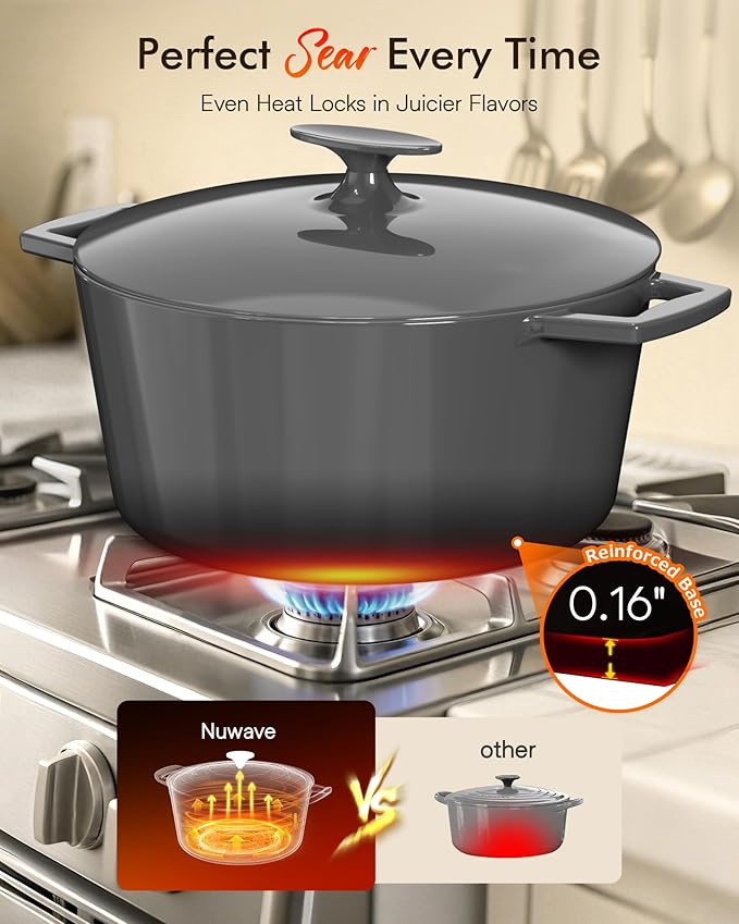 Nuwave 6QT LUX Healthy Enameled Cast Iron Dutch Oven Pot with Lid, Heavy Duty 7-Layer Enamel, Enhanced Rust Protection, Dual Handles, Oven Safe to 500°F for Sourdough Bread Baking, Braise, Stew, Roast
