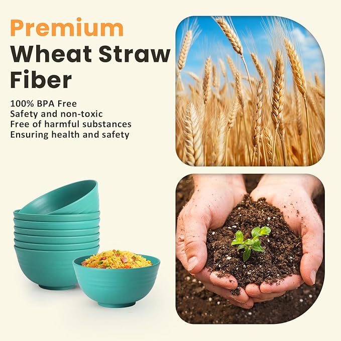 Homienly Wheat Straw Bowls, Cereal Bowls, Plastic Bowl Alternative, Set of 8, Unbreakable Microwave Safe Bowls for Soup, Salad, Dinner, Cereal, Snack, Dishwasher Safe for Kitchen, Party (Green, 26 OZ)