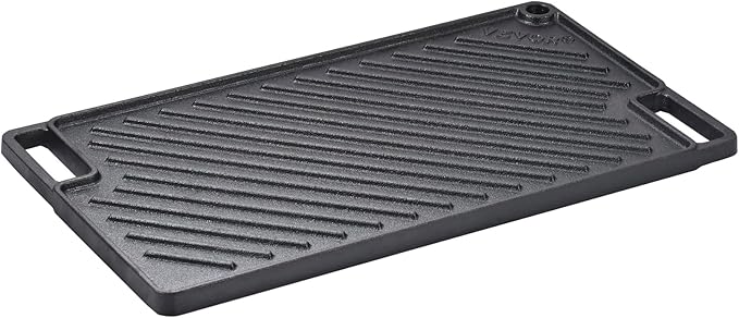 VEVOR Reversible Grill/Griddle, 17x10'' Pre-Seasoned Cast Iron Griddle, Rectangular Double Burner Griddle Pan, Non-Stick Family Pan Cookware with Handles, Flat Top Plate for BBQ, Gas Grill, Black
