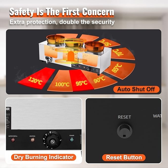 VEVOR Electric Soup Warmer, Three 7.4QT Stainless Steel Round Pot 86~185°F Adjustable Temp, 1200W Commercial Bain Marie with Anti-dry Burn and Reset Button, Soup Station for Restaurant, Buffet, Silver