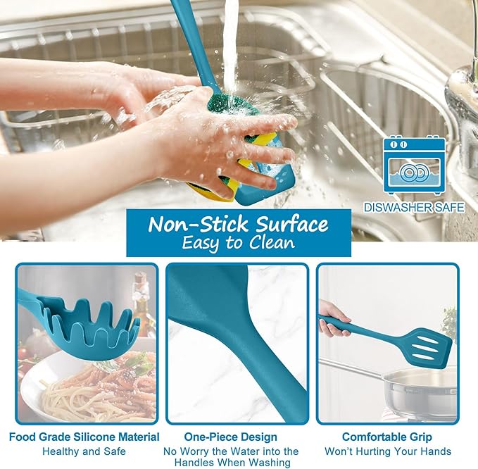 TeamFar Silicone Cooking Utensils Set of 6, Kitchen Utensils Set, Includes Ladle Slotted Turner for Non-stick Cookware, Healthy & One-Piece, Non-Scratch & Heat Resistant, Dishwasher Safe, Dark Blue