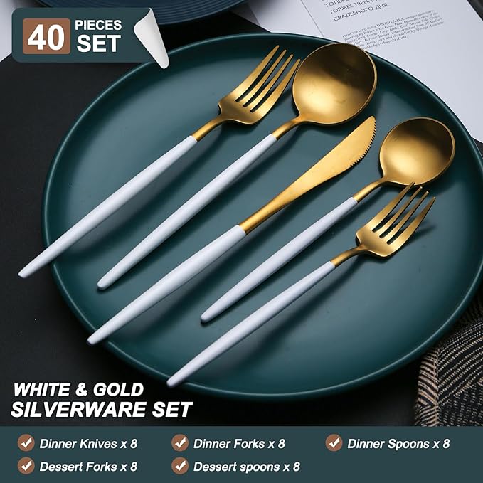 40 Pieces Matte White&Gold Silverware Set, Stainless Steel White&Gold Flatware Set for 8, Satin Finish Spoons and Forks Silverware Set, White&Gold Cutlery Utensils Set, Dishwasher Safe