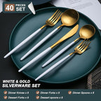 40 Pieces Matte White&Gold Silverware Set, Stainless Steel White&Gold Flatware Set for 8, Satin Finish Spoons and Forks Silverware Set, White&Gold Cutlery Utensils Set, Dishwasher Safe