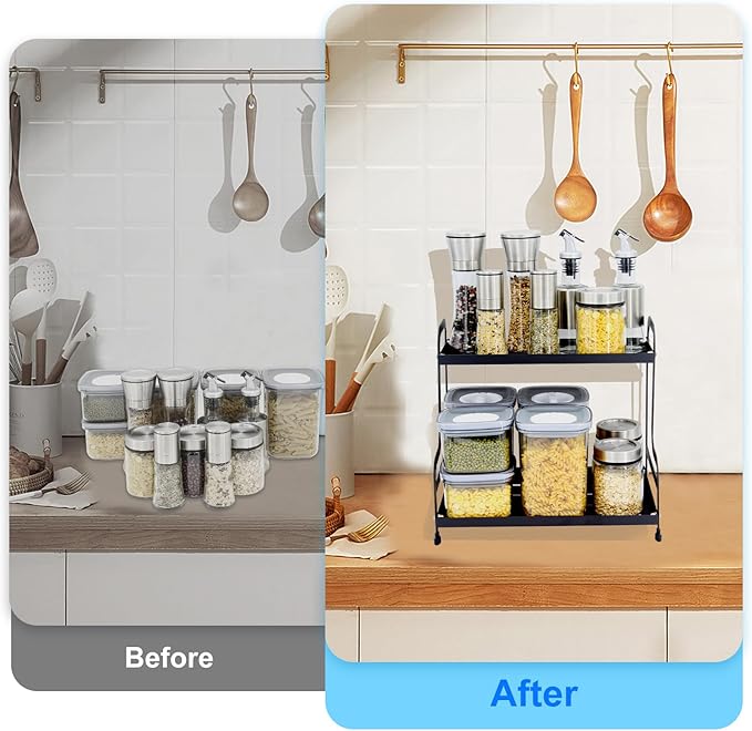 2-Tier Metal Organizer Shelf for Bathroom & Kitchen - Heavy Duty Countertop Storage, Under Sink Cosmetic & Spice Organizer with Non-Slip Base, Easy Assembly