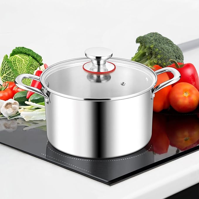 TeamFar 3.5 Quart Stock Pot, Tri-Ply Stainless Steel Pasta Cooking Pot with Lid, Tempered Glass Lid & Double Side Riveted Handles, Non-Toxic & Healthy, Heavy Duty & Dishwasher Safe