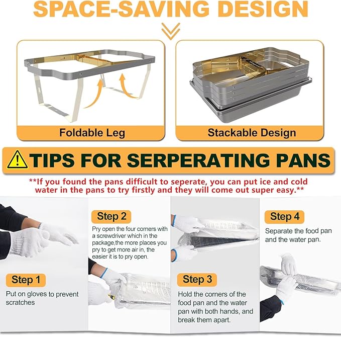 Chafing Dishes for Buffet 4 Pack,Festa Essential 8QT Elegant Gold&Silver Stainless Steel Rectangular Catering Chafers Food Warmer with Full,Half,1/3 Food Pan,Fuel Holder,Foldable Frame For Any Party