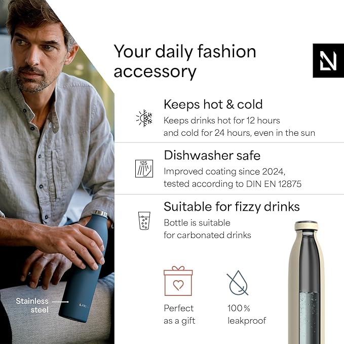 LARS NYSØM Stainless Steel Insulated Water Bottle 12oz 17oz 25oz 34oz 51oz | Insulated Thermo Flask for Hot and Cold Beverages | Leakproof Drinking Bottle (Almond Beige, 25.4oz)