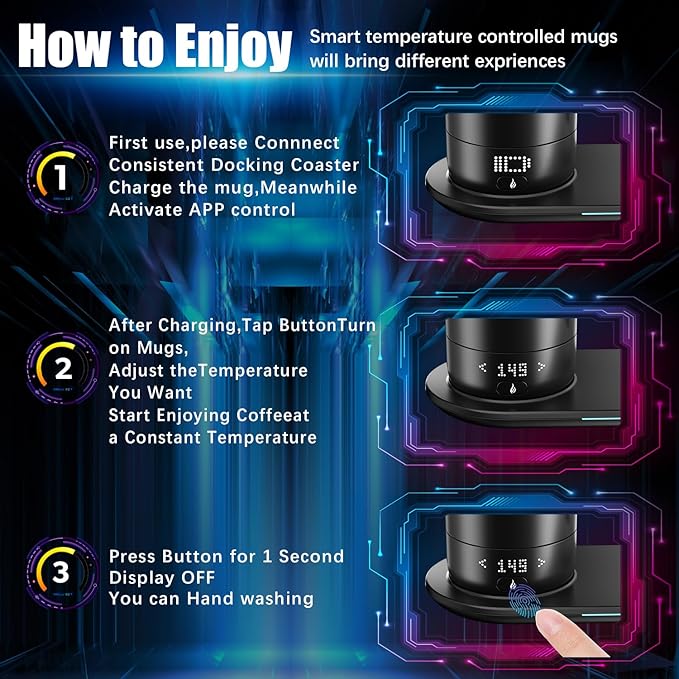 Smart Self Heating Coffee Mug 18 Oz Temperature Control Heated Coffee Mug App Controlled Warmer Mug 5-10 Hour LED Display Keep Coffee Hot All Day Fast Wireless Charger Base Iron Black