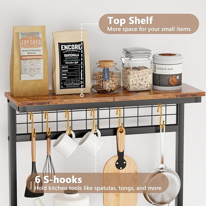 Furologee Kitchen Bakers Rack with Power Outlet, Microwave Oven Stand with Storage 4 Tiers, Coffee Bar Table with 6 S Hooks, Kitchen Storage Shelf Rack for Spices, Pots, Rustic Brown