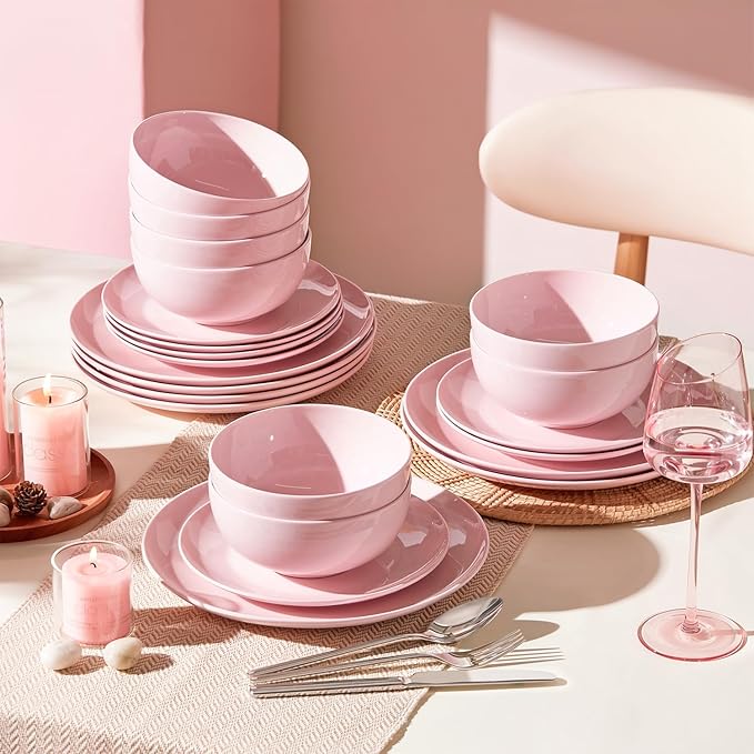 KINGSTONE Bone China Dinnerware Sets, 18-Piece Dinnerware Set for 6, Lightweight Durable, Dishwasher Safe, Tableware for Daily Use with Elegant Design, Pink