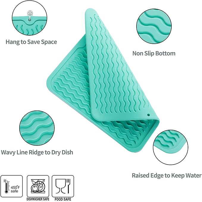 Silicone Dish Drying Mat for Multiple Usage,Easy clean,Eco-friendly,Heat-resistant Silicone Mat for Kitchen Counter or Sink,Refrigerator or Drawer liner Mint M 12 inches x 12 inches