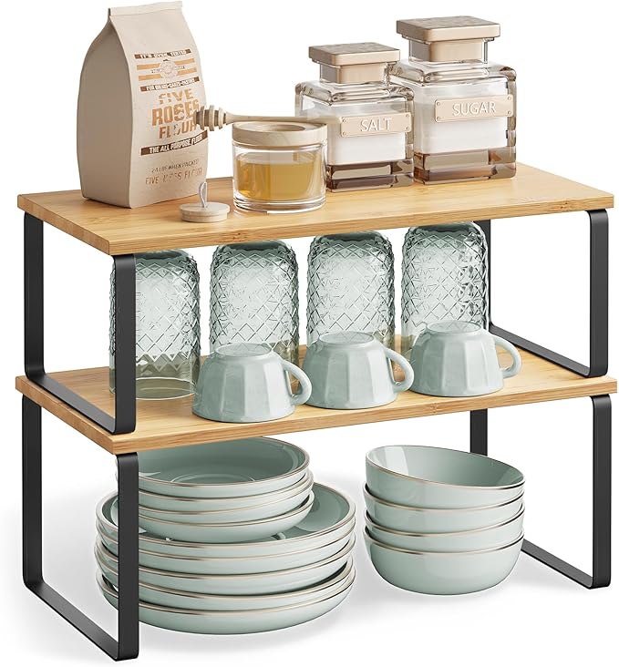 SONGMICS Cabinet Organizer Shelf, Set of 4 Kitchen Counter Shelves, Kitchen Storage, Spice Rack, Stackable, Expandable, Metal and Engineered Wood, Ink Black and Natural Beige UKCS210B01