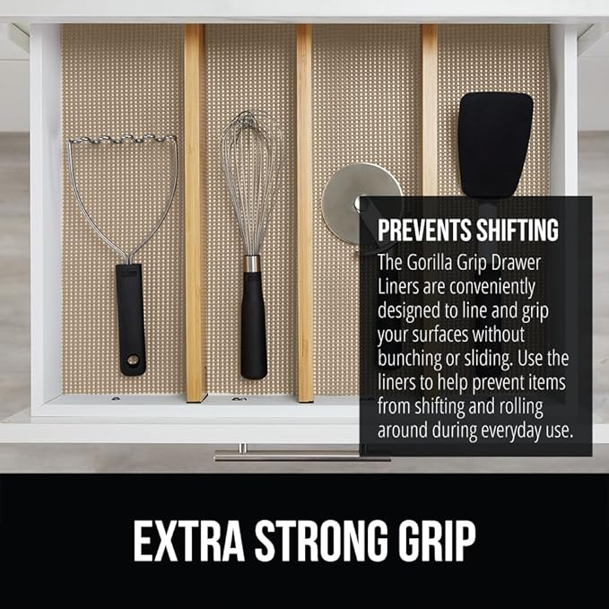GORILLA GRIP powerGRIP Drawer Shelf and Cabinet Liner, Thick Strong Hold, Non-Adhesive Liners Protect Kitchen Cabinets and Cupboard, Bathroom Drawers, Easy Install, Breathable Mat, 24" x30', Beige