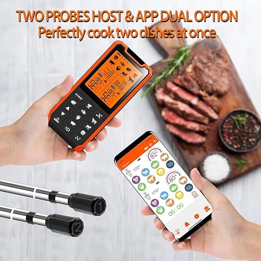 Smart Bluetooth Meat Thermometer - Long Range Wireless Food Thermometer, Digital Meat Thermometer with Dual Probes for BBQ Grill, Oven, Smoker, Air Fryer