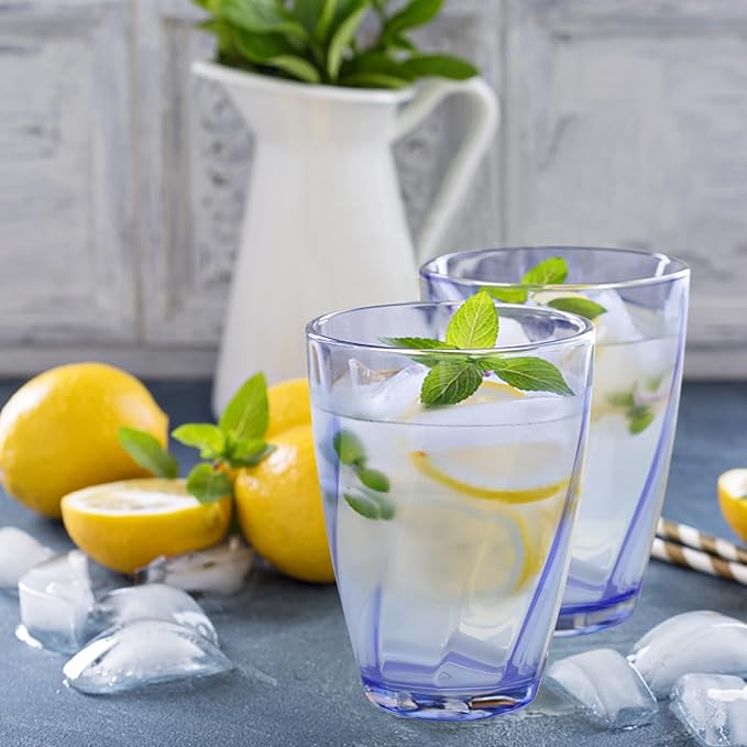 Topsky 12-ounce Plastic Water Tumblers | Set of 4 Transparent Unbreakable Drinking Glasses Clear Acrylic Reusable Juice Wine Cups for Home Picnic Party, Dishwasher Safe, Stackable,Blue