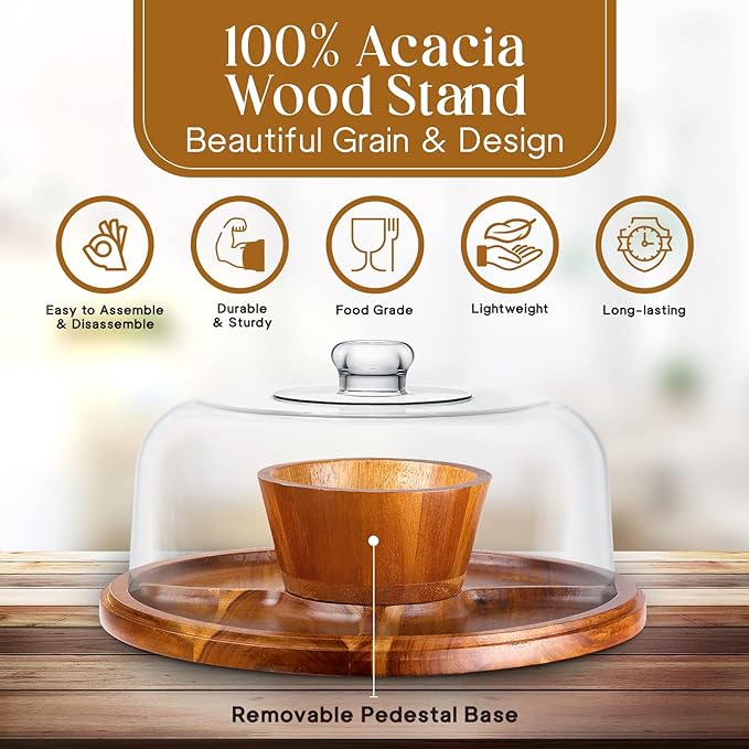Homeries Acacia Wood Cake Stand with Lid, Cake Plate, (6 in 1) Multi-Functional Serving Platter, Large Cake Stand with Dome, Cake display stand with lid & Cake Dome - Use as Cake Holder, Cake Cover