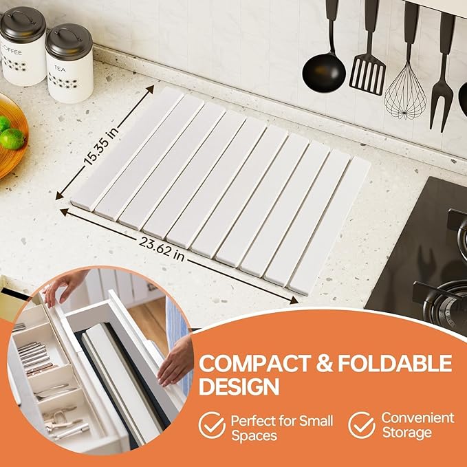 Large Stone Dish Drying Mats for Kitchen Counter, 24"(L)×16"(W) Collapsible Diatomaceous Earth Mats, Eco-Friendly Absorbent Dish Drying Mat for Dishes Bottles Cups, Match Any Countertop