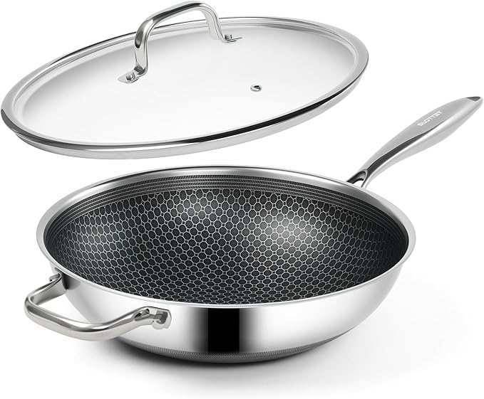 Hybrid 12-Inch Wok with Lid,Nonstick Stainless Steel Woks & Stir-fry pans,Stay-Cool Handle,PFOA Free Cookware,Dishwasher and Oven Safe,Compatible with All Cooktops