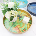 Round Green Marbling Decorative Tray with Handles, 13" Morden Plastic Serving Tray for Coffee Table Bathroom, Ottoman, Home Decor