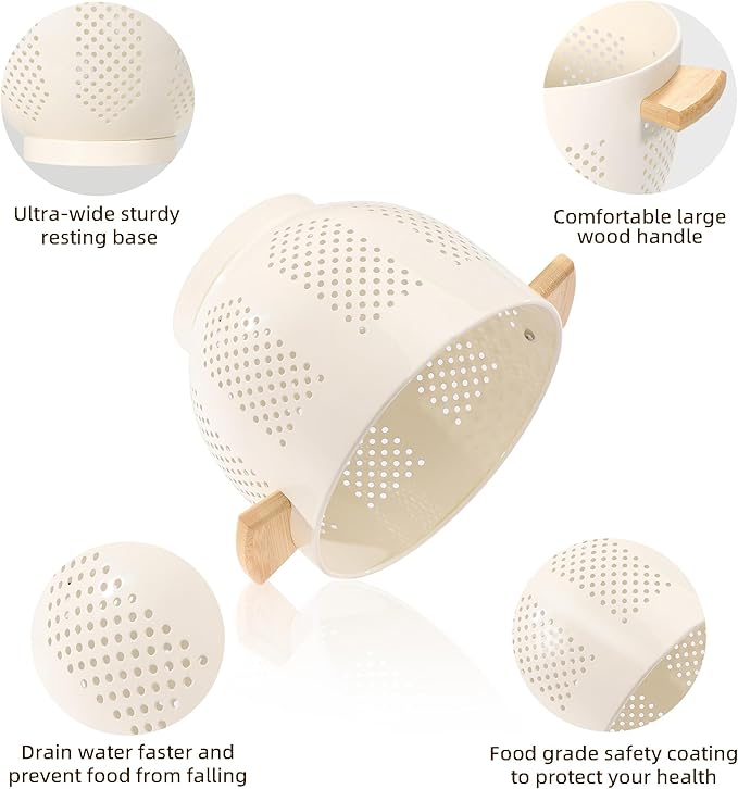 Metal Colander with Wood Handle and Stable Base, 5.5 Quart Powder Coated Steel Kitchen Strainer Basket for Draining Pasta, Vegetable and fruit,Cream