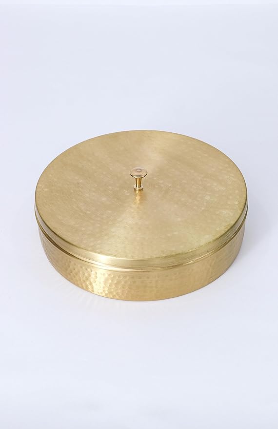 Hammered Pattern Handcrafted Brass Masala/Spice Box Set With Spoon Container 90 ML-Food Spice Storage Rack Indian Boxes Dani Dabba For Kitchen (8-INCH)