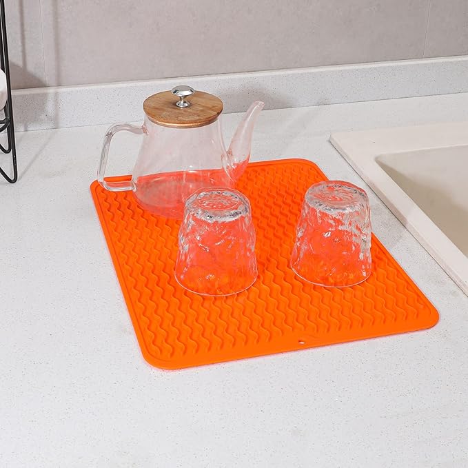 Silicone Dish Drying Mat for Multiple Usage,Easy clean,Eco-friendly,Heat-resistant Silicone Mat for Kitchen Counter or Sink,Refrigerator or drawer liner Orange L 16 inches x 12 inches