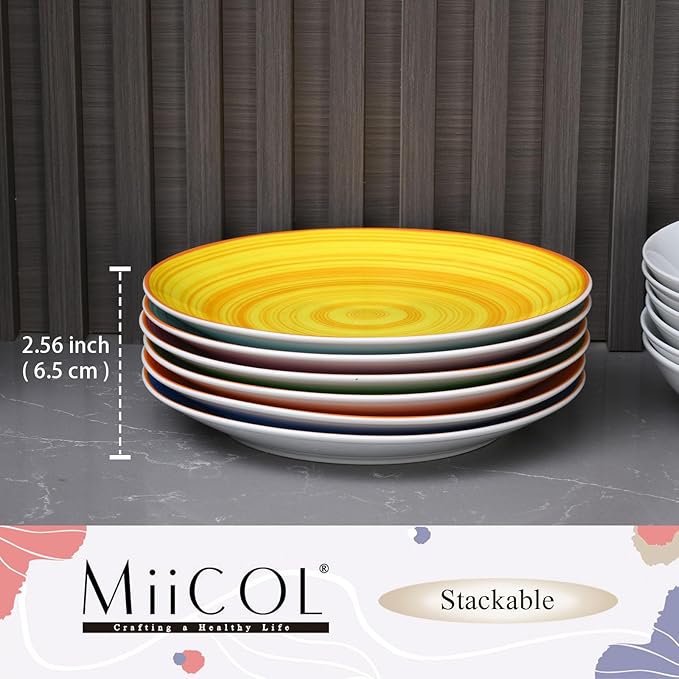 Miicol Ceramic Dessert Plates Set of 6, Colorful Appetizer Plates 8 Inch, Stackable Salad Dishes, Small Dinner Plates, Durable Dinnerware for Kitchen, Party, Wedding, Microwave and Dishwasher Safe