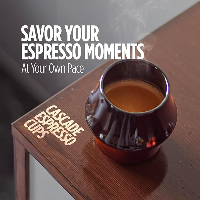 KRUVE CASCADE Porcelain Coffee Cups, 2.5oz Double-Walled Espresso Cups, Sensory Espresso Coffee Mug Set for Heat Retention, Black Porcelain Drinking Glasses with Enhanced Aroma, Elegant Cup Design