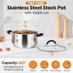 P&P CHEF Stainless Steel Stock Pot, 6 Qt Cooking Soup Pot with Visible Lid for Pasta, Tri-Ply Bottom & Dual Heatproof Handles, For Induction Gas All Stoves, Non-Toxic & Dishwasher Safe