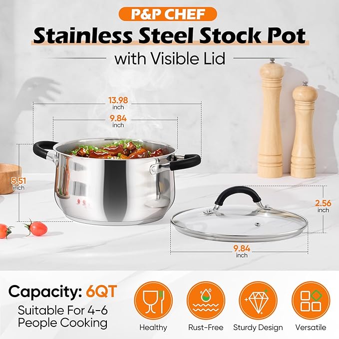 P&P CHEF Stainless Steel Stock Pot, 6 Qt Cooking Soup Pot with Visible Lid for Pasta, Tri-Ply Bottom & Dual Heatproof Handles, For Induction Gas All Stoves, Non-Toxic & Dishwasher Safe