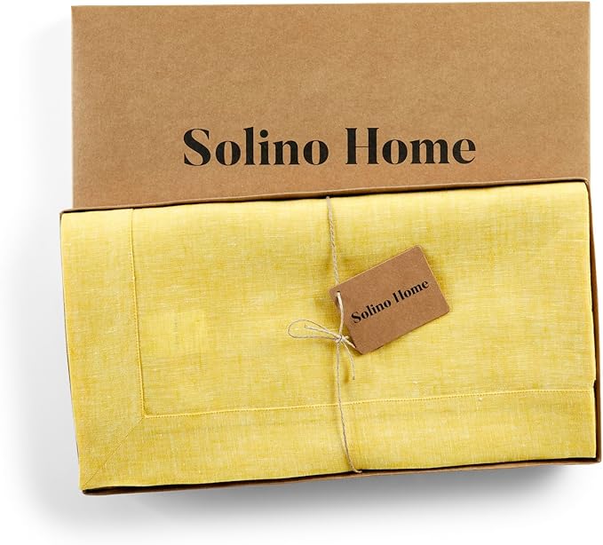Solino Home Linen Tablecloth 60 x 108 Inch - 100% Pure Linen Chambray Lemon Yellow Table Cloth for Rectangular Tables - Athena, Machine Washable Cloth Tablecloth for Summer