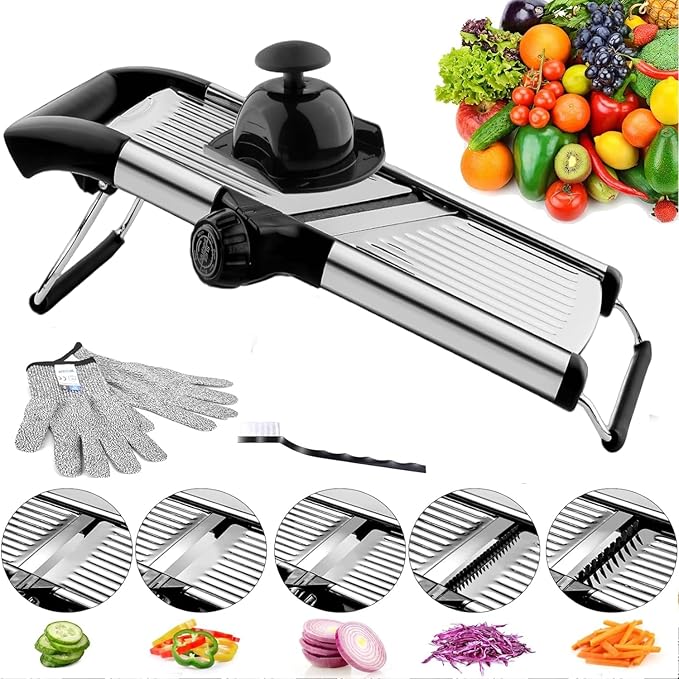 Adjustable Mandoline Slicer for Vegetables, Fruits, Stainless Steel with Cut-Resistant Gloves, Black/Silver