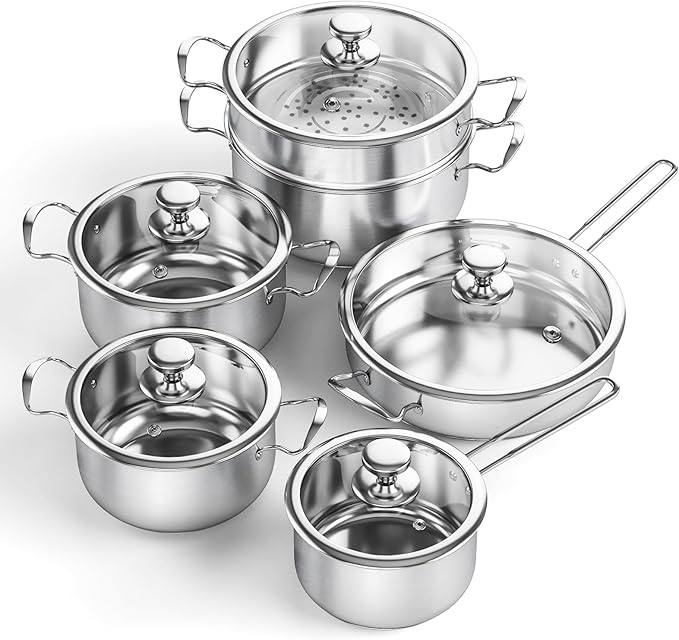 Meythway Pots and Pans Set Non Toxic, 11-Piece Stainless Steel Cookware Set with Steamer & Visual Lid, Kitchen Induction Cookware with Frying Pans, Saucepan and Stockpots For Oven & Dishwasher Safe