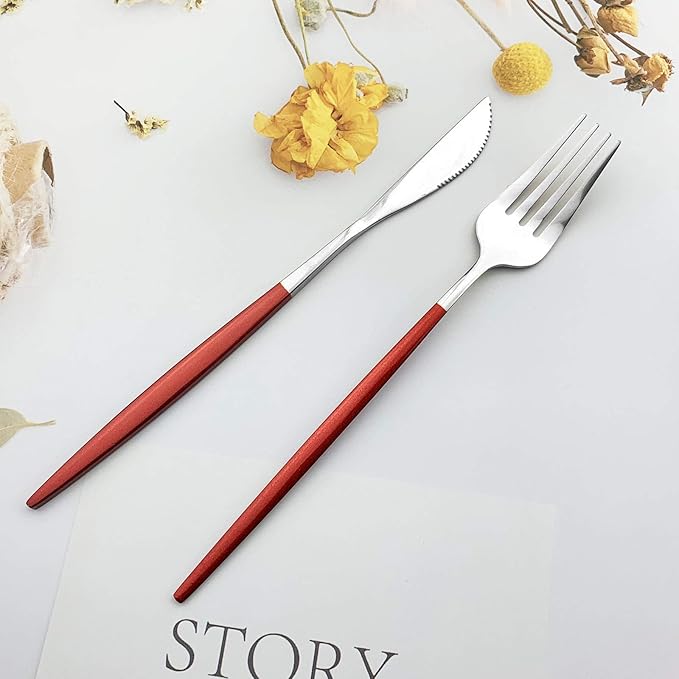 JASHII Flatware Serving Set 24 Piece, Stainless Steel Silverware Set, Red Silver Cutlery Set, Modern Elegant Tableware Set for Party, Christmas, Dinner (Red Silver)