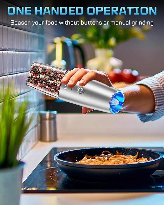 XinXu RECHARGEABLE Salt and Pepper Grinder Set,Automatic Pepper Mill,USB Rechargeable,Adjustable Coarseness,One-handed Operation,Ceramic Burr,Refillable,Auto Grinders Shakers LED Light,Sliver