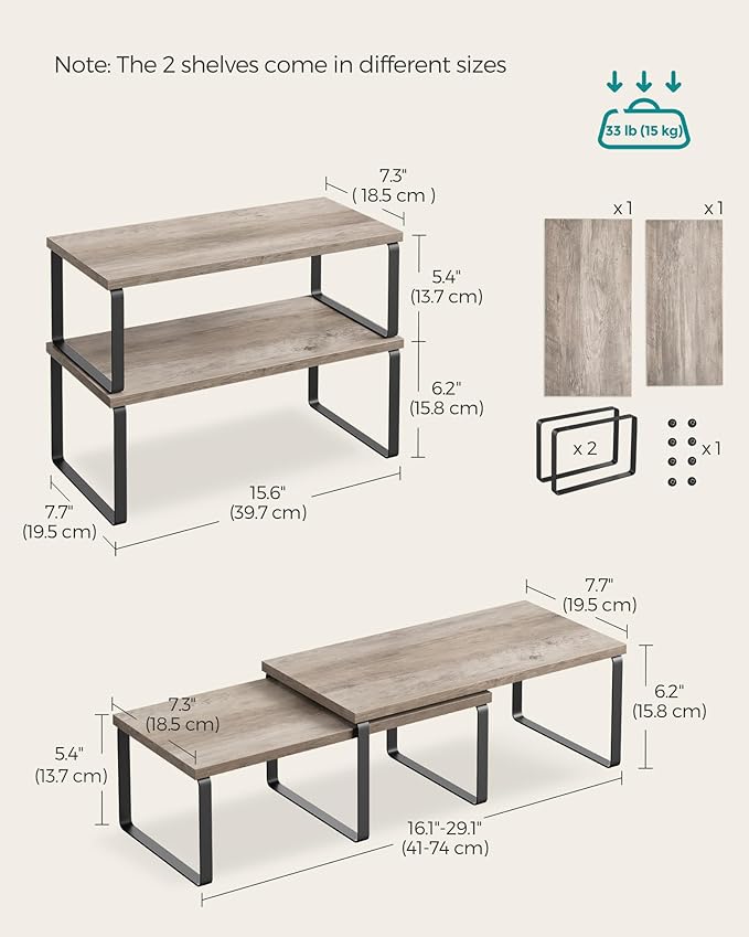 SONGMICS Cabinet Organizer Shelf, Set of 4 Kitchen Counter Shelves, Kitchen Storage, Spice Rack, Stackable, Expandable, Metal and Engineered Wood, Ink Black and Heather Greige UKCS022X02