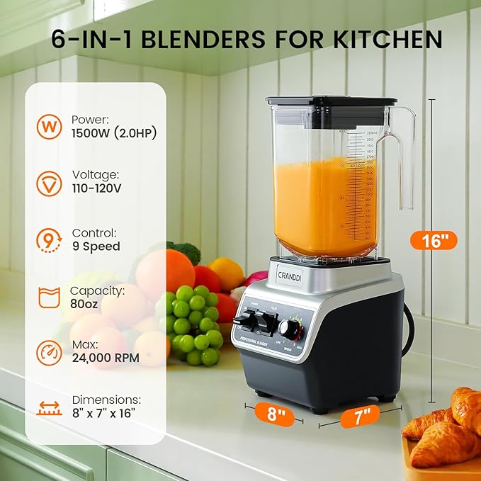 CRANDDI Professional Commercial Blender, Max 1500W, 80oz Pitcher, Powerful Blender with Tamper for Smoothie, Ice Crushing, Variable 9 Speeds Control, K96, Black