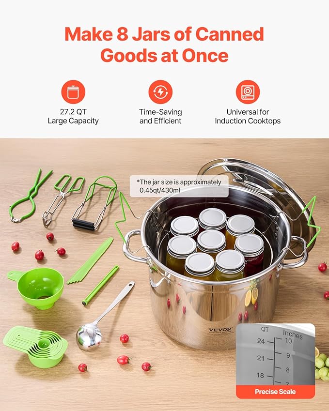 VEVOR Canning Supplies Starter Kit, 11 Pieces Stainless Steel Water Bath Canning Kit for Beginners, Canning Tools Set: Pot, Rack, Lid, Ladle, Funnel, Tongs, Jar Lifter, Wrench, Measuring Cup