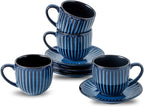 Hasense Ceramic Cappuccino Cups and Saucers Set of 4, Ribbed 6 Oz Demitasse Tea Cup with big Handle, Mugs Set for Coffee,Tea,Latte and Mocha, Aesthetic Gift for Anniversary or Holiday, Blue