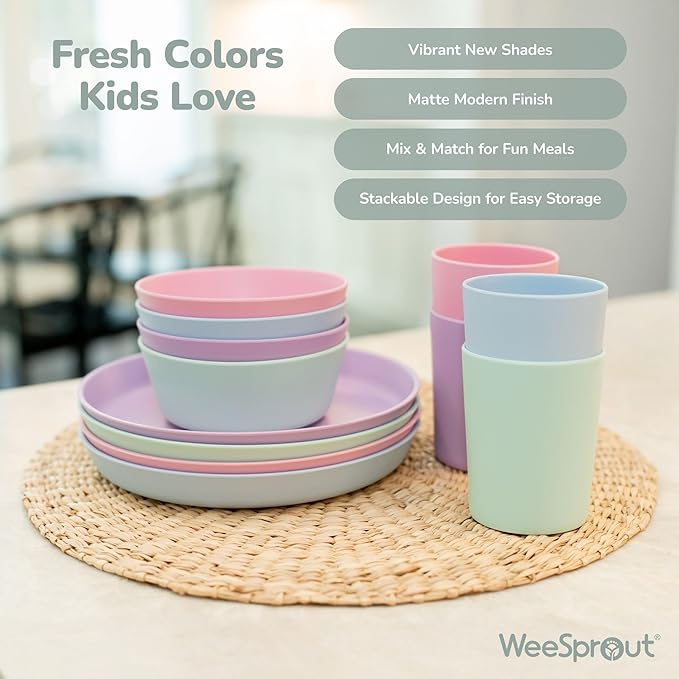 WeeSprout Bamboo Kids Bowls, Set of Four 10 oz Kid-Sized Bamboo Bowls, Dishwasher Safe Kid Bowls (Pastel Coral, Blue, Mint & Off White)