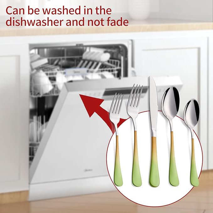 Colorful Silverware Set 20 Piece 18/0 Stainless Steel Flatware Green and Orange Handle Cutlery Set Service for 4 Fork Knife Spoon Set Mirror Finish Dishwasher Safe