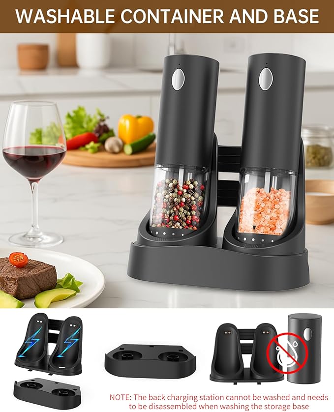 CIRCLE JOY Electric Salt and Pepper Grinder Set Automatic Salt and Pepper Grinder Set with Easy-to-Carry Charging Base and LED Light, Adjustable Coarseness, USB Rechargeable, Washable Container, Black